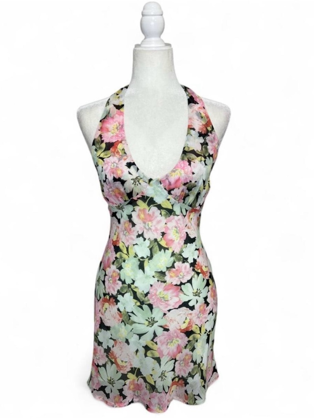 Lulus floral green and pink halter a line mini backless dress